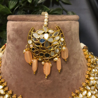 Luxury peach glass work Kundan bridal necklace set with matching earrings and headpiece, statement jewelry for South Asian weddings and nikah ceremonies.
