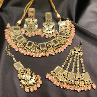 Luxury pink glass work Kundan bridal necklace set with matching earrings and headpiece, statement jewelry for South Asian weddings and nikah ceremonies.