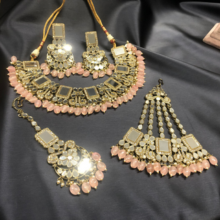 Luxury pink glass work Kundan bridal necklace set with matching earrings and headpiece, statement jewelry for South Asian weddings and nikah ceremonies.
