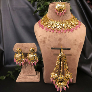 Luxury pink glass work Kundan bridal necklace set with matching earrings and headpiece, statement jewelry for South Asian weddings and nikah ceremonies.