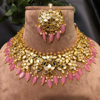 Luxury pink glass work Kundan bridal necklace set with matching earrings and headpiece, statement jewelry for South Asian weddings and nikah ceremonies.