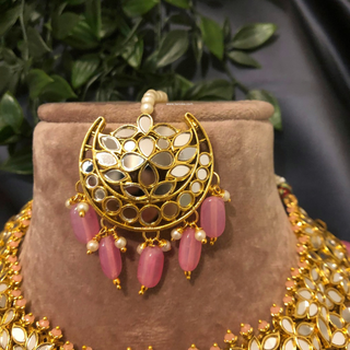 Luxury pink glass work Kundan bridal necklace set with matching earrings and headpiece, statement jewelry for South Asian weddings and nikah ceremonies.