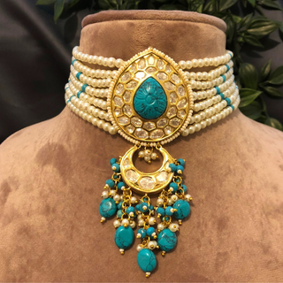 Luxury turquoise blue beaded Kundan choker necklace set with matching earrings, elegant statement jewelry for South Asian bridal weddings and receptions.