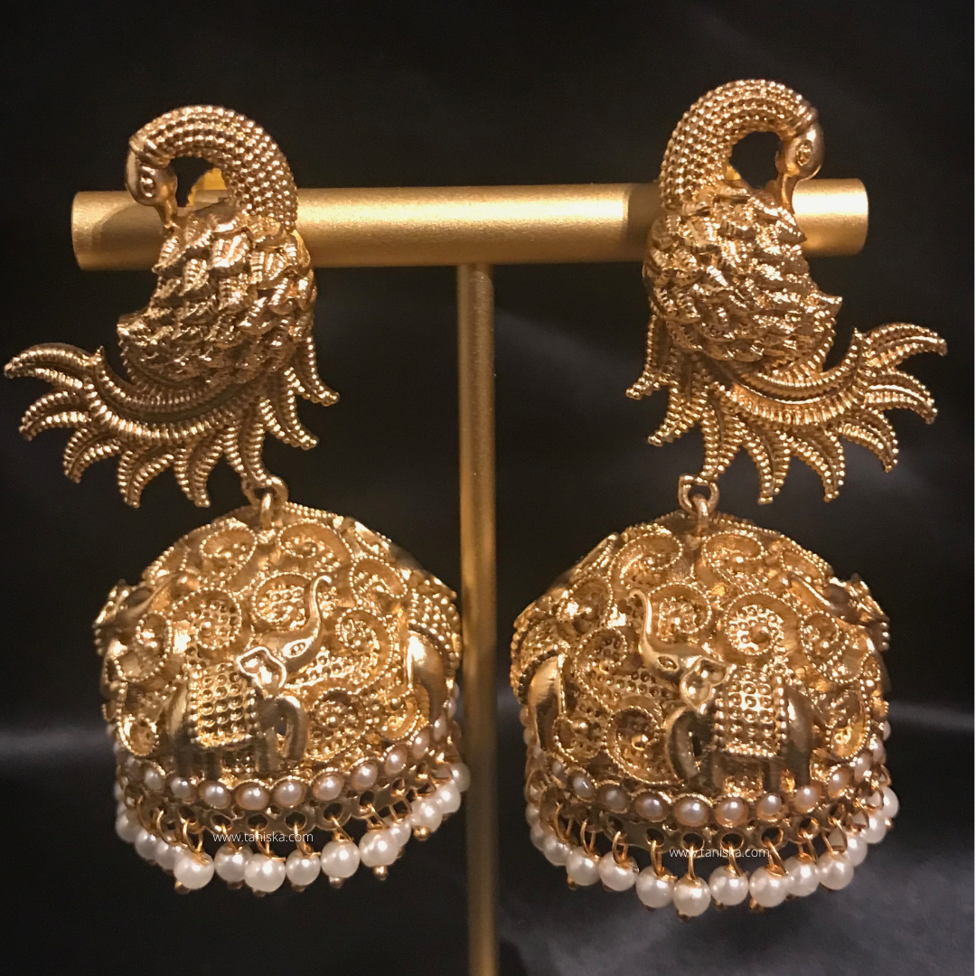 TANISHQ Designer Antique Gold Earrings - Golden - Elephant ...