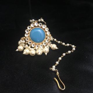 MAHARANI Pachi Kundan Large Jhumki Earrings & Tikka - Turquoise