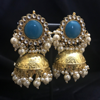 MAHARANI Pachi Kundan Large Jhumki Earrings & Tikka - Turquoise