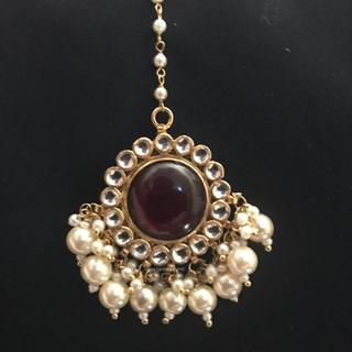 MAHARANI Pachi Kundan Large Jhumki Earrings & Tikka - Ruby