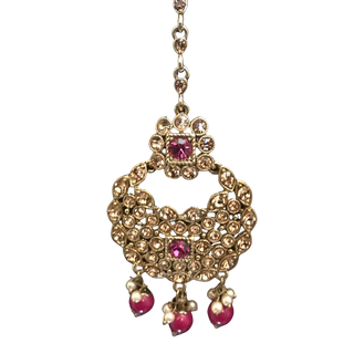 MAHIRA Antique Gold Earring & Tikka Set - Hot Pink