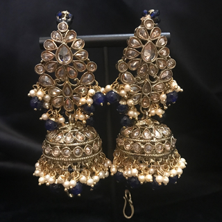 SHENAAZ Antique Gold Earring & Tikka Set (with Earring Chain, Sahare) - Navy / Golden