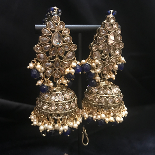 SHENAAZ Antique Gold Earring & Tikka Set (with Earring Chain, Sahare) - Navy / Golden