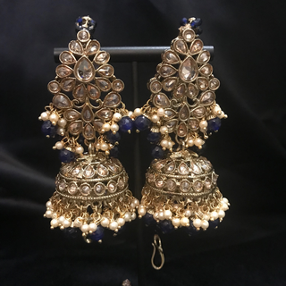 SHENAAZ Antique Gold Earring & Tikka Set (with Earring Chain, Sahare) - Navy / Golden