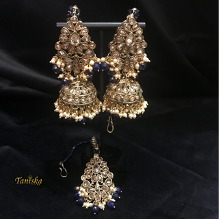 SHENAAZ Antique Gold Earring & Tikka Set (with Earring Chain, Sahare) - Navy / Golden