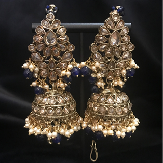 SHENAAZ Antique Gold Earring & Tikka Set (with Earring Chain, Sahare) - Navy / Golden