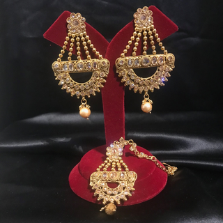 TANISHQ Antique Gold Earrings & Tikka Set - High Gold Polish
