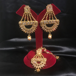 TANISHQ Antique Gold Earrings & Tikka Set - High Gold Polish