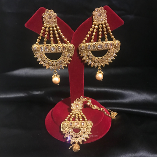 TANISHQ Antique Gold Earrings & Tikka Set - High Gold Polish