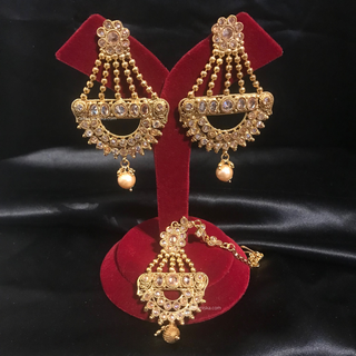 TANISHQ Antique Gold Earrings & Tikka Set - High Gold Polish