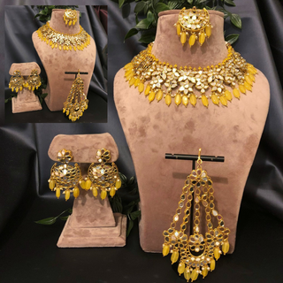 Luxury yellow glass work Kundan bridal necklace set with matching earrings and headpiece, statement jewelry for South Asian weddings and nikah ceremonies.